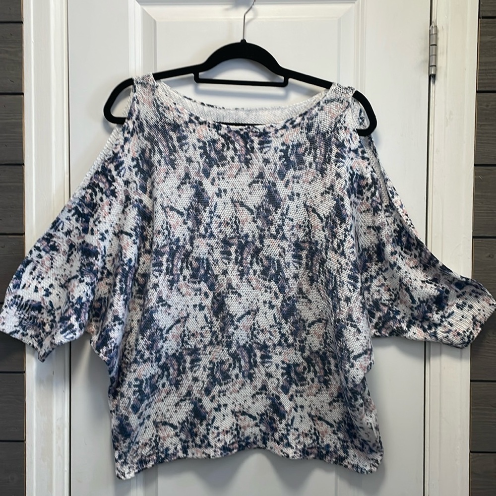 Luisa Ricci Blue/Pink/White Abstract Knit Open Shoulder Top Made in Italy M EUC